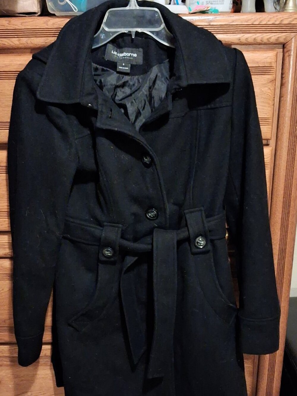 Liz Claiborne Wool Blend Hooded Belted Coat Womens Small Black Trench Jacket